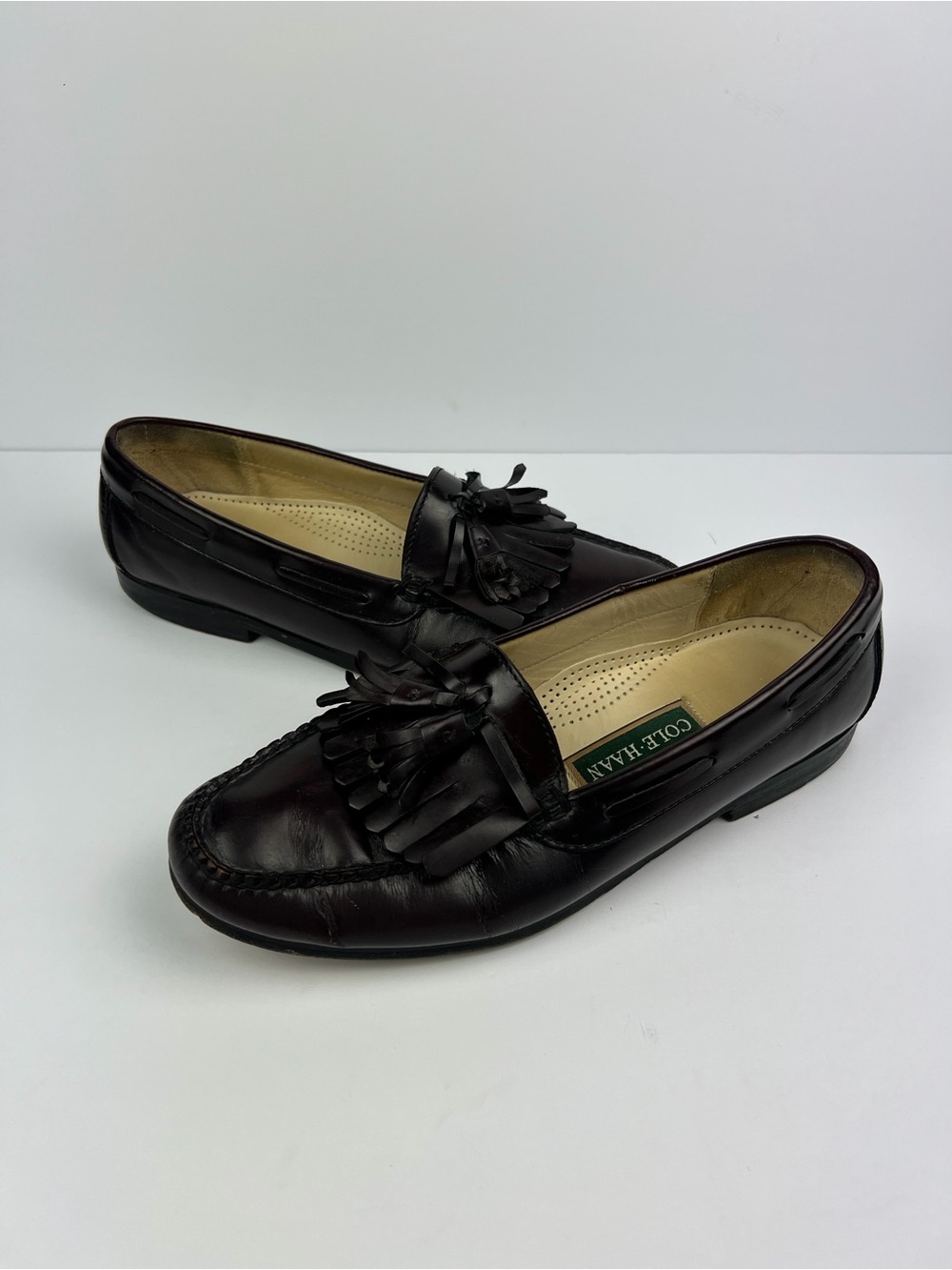 Vintage 80s 90s Cole Haan Pinch Tassel Loafers Leather Burgundy Oxblood Sz 10.5